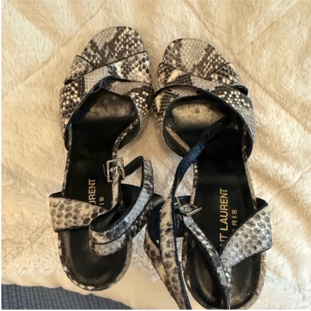 Saint Laurent Tribute Snakeskin Sandals - Black and Gray